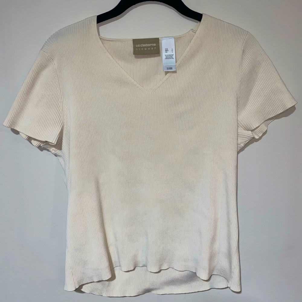 Cream colored Liz Claiborne, short sleeve v-neck top